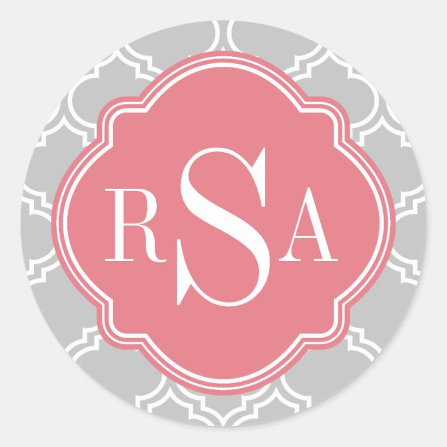 Grey Tile Lattice Pattern Pink Monogram Classic Round Sticker (Front)