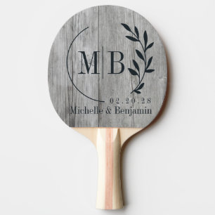 Grey Timber Leaf Wedding Monogram Ping Pong Paddle