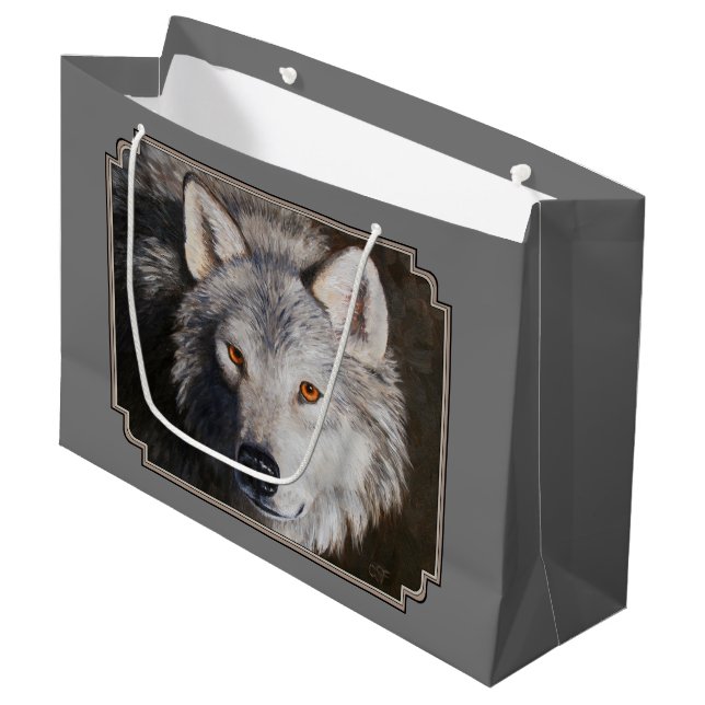 Grey Timber Wolf Face Portrait Large Gift Bag (Front Angled)