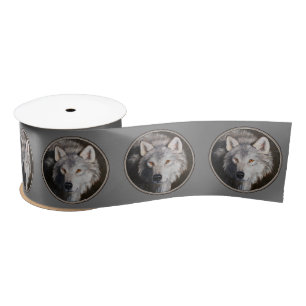 Grey Timber Wolf Face Portrait Satin Ribbon