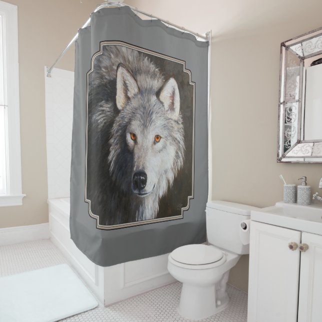 Grey Timber Wolf Face Portrait Shower Curtain (In Situ)