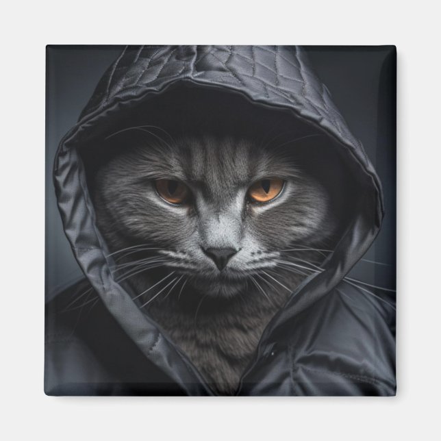 Grey Tom Cat Wearing Hoodie Jacket Magnet (Front)