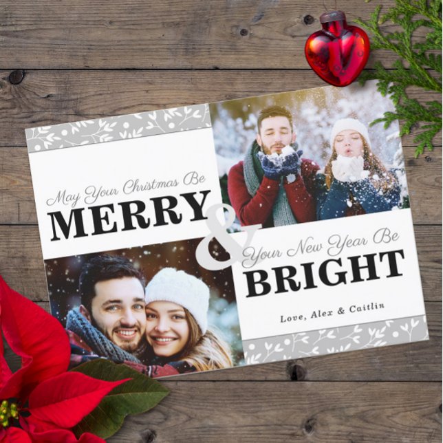 Grey Tones Christmas Greenery Pattern 2-Photo Card (Merry & Bright 2-Photo Holiday Card with Gray-Tone Typography )