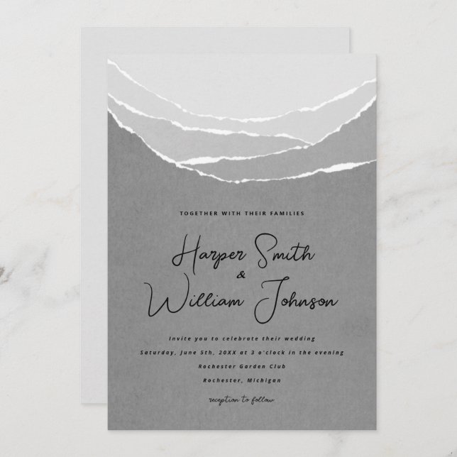grey torn paper mountains wedding inviation invitation (Front/Back)