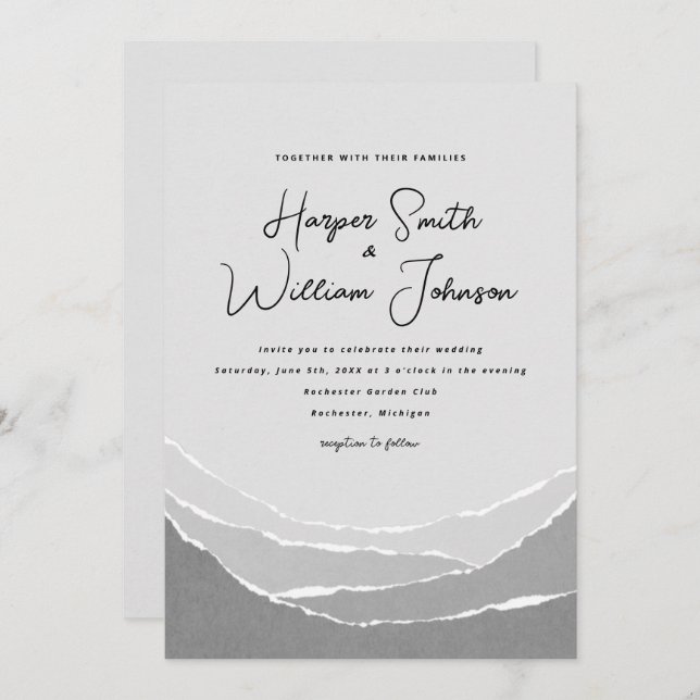 grey torn paper mountains wedding invitation (Front/Back)