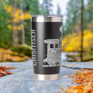 Grey train graphic full name drinks bottle insulated tumbler