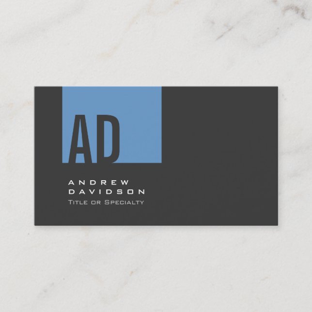 Grey Trendy Blue Stripe Monogram Business Card (Front)