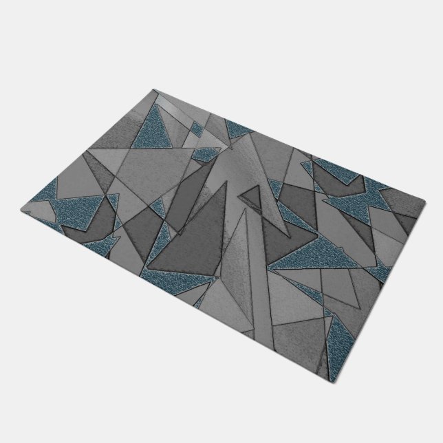 Grey triangle cutouts with rough dark blue pieces doormat (Angled)