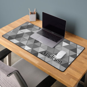 Grey triangle retro geometry pattern Monogram  Desk Mat