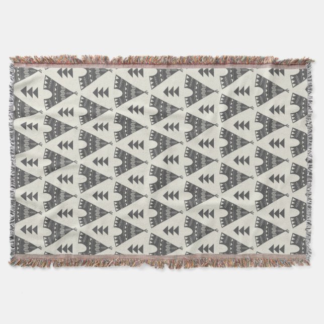 Grey Tribal Teepees Throw Blanket (Front)