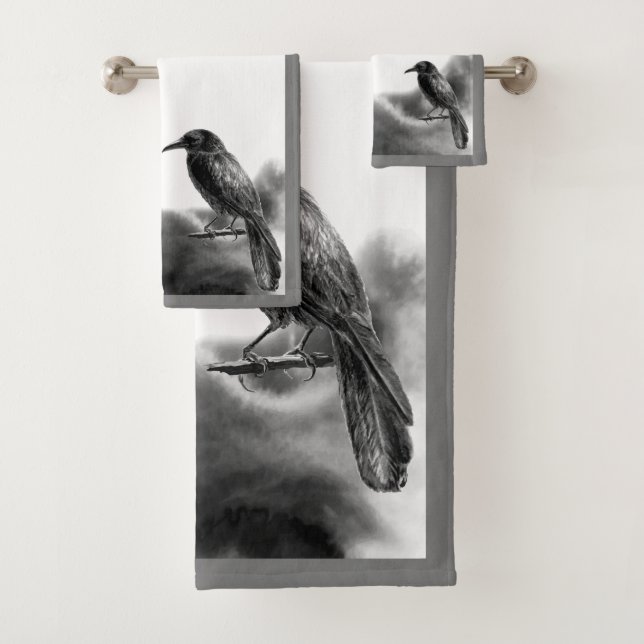 Grey Trim Black Birds - Raven Bath Towel Set (Insitu)