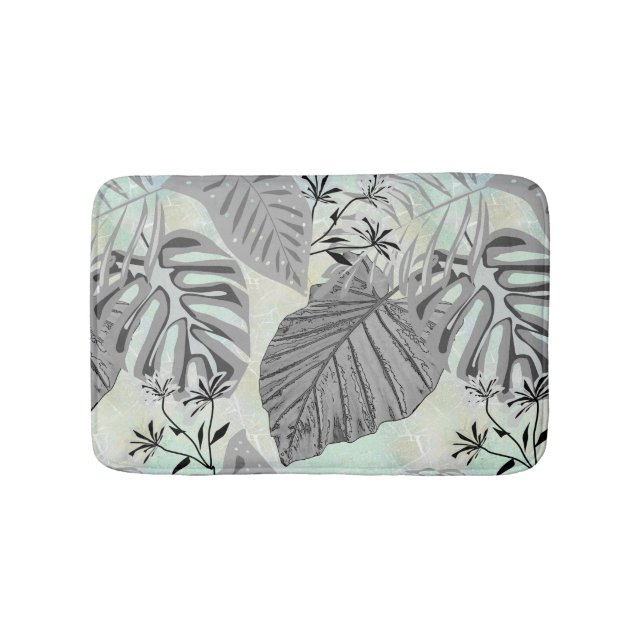 Grey tropical leaves and flowers. bath mat (Front)
