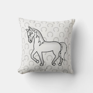 Grey Trotting Cartoon Drawing Horse And Horseshoes Cushion