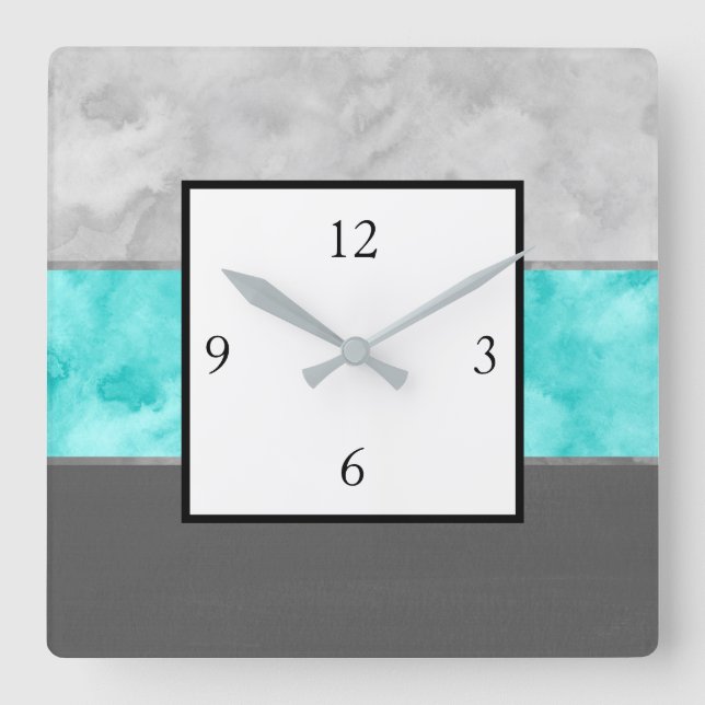 Grey Turquoise Block Stripes Square Wall Clock (Front)