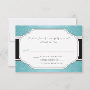 Grey Turquoise Damask Wedding Reception RSVP Cards