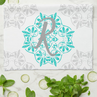 Grey Turquoise Modern Kaleidoscope Damask Pattern Tea Towel