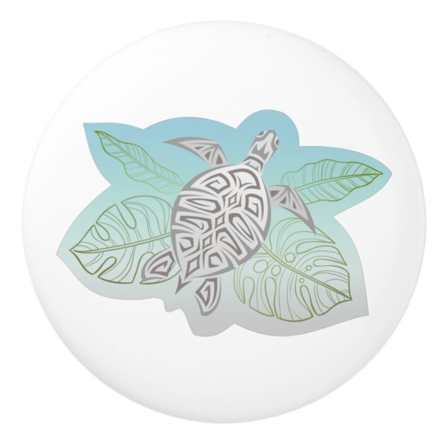Grey Turtle Tropical Leaves Ceramic Knob (Front)