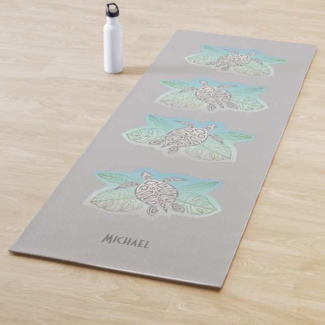 Grey Turtles Green Tropical Leaves Beach Yoga Mat (In Situ)