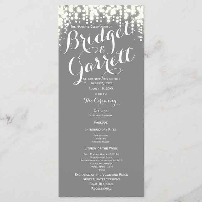 Grey Twinkle Lights Wedding Program Programme (Front)