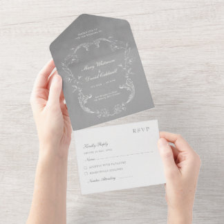 Grey Velvet Elegant Baroque Ornament Wedding All In One Invitation
