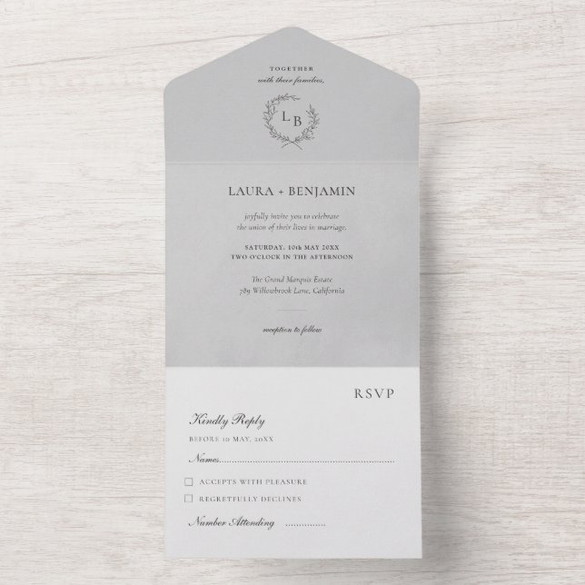 Grey Velvet Laurel Wreath Minimalist Wedding All In One Invitation (Inside)