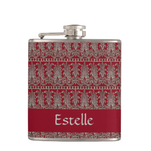 Grey Victorian decorative pattern maroon Hip Flask