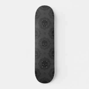 Grey Victorian Gothic Skull & Monogram Elegant Skateboard