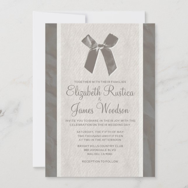 Grey Vintage Bow & Linen Wedding Invitations (Front)
