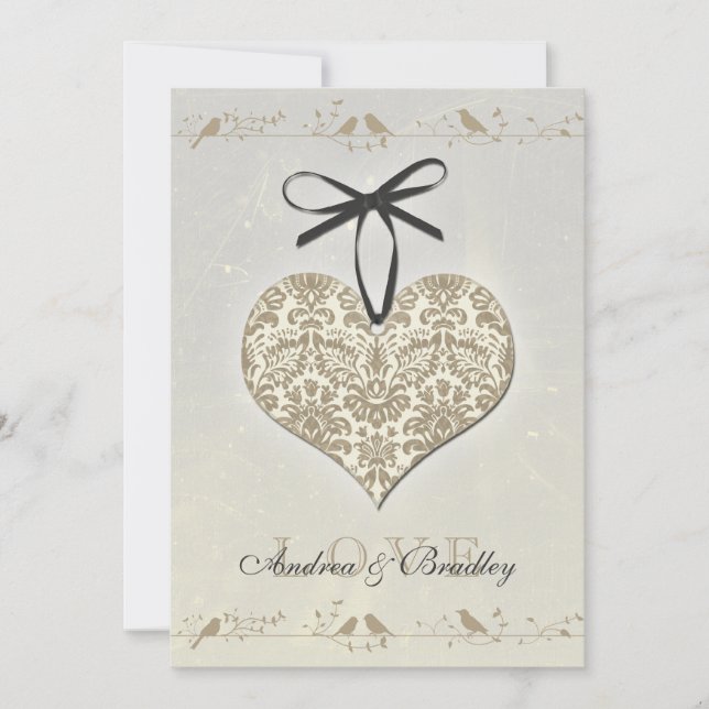Grey Vintage Damask Heart Wedding Invitation (Front)