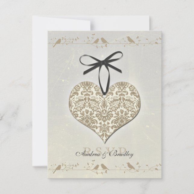 Grey Vintage Damask Heart Wedding Reply Card (Front)