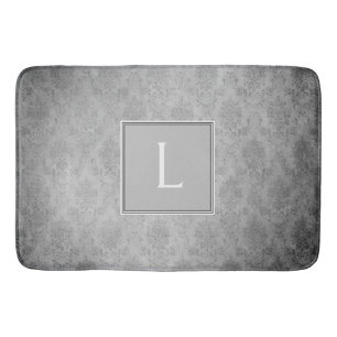 Grey Vintage Damask Monogram Bath Mat