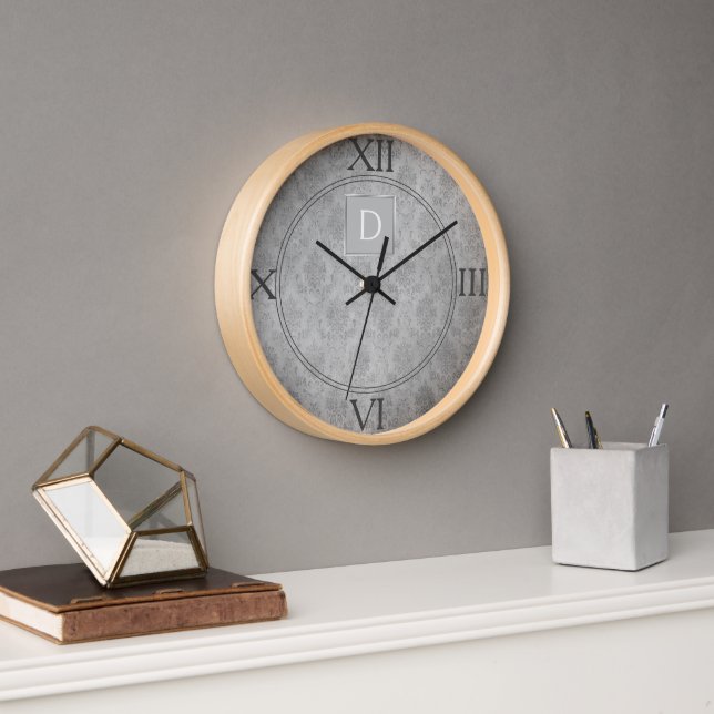 Grey Vintage Damask Monogram Clock (Office)