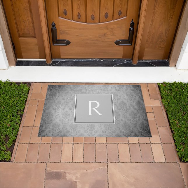 Grey Vintage Damask Monogram Doormat (Outdoor)