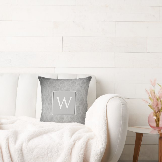 Grey Vintage Damask Monogram Throw Pillow (Couch)