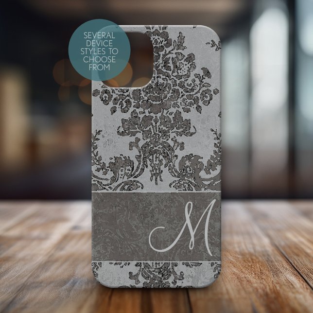 Grey Vintage Damask Pattern with Monogram (Personalized Phone Case with Huge Monogram)