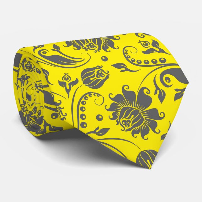 Grey Vintage Damasks Custom Yellow Background Tie (Rolled)