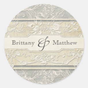 Grey Vintage French Regency Lace Weddings Classic Round Sticker