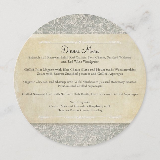 Grey Vintage French Regency Lace Weddings Menu (Front)