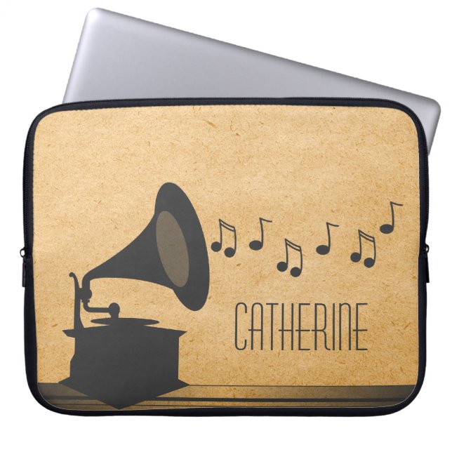 Grey Vintage Gramophone Laptop Sleeve (Front)