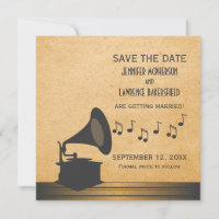Grey Vintage Gramophone Save the Date Invite