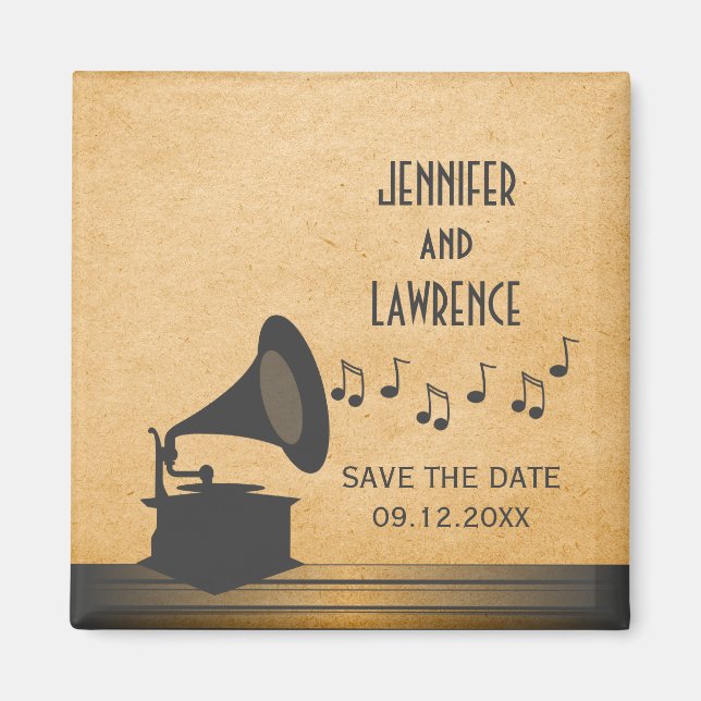 Grey Vintage Gramophone Save the Date Magnet (Front)