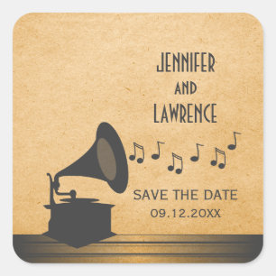 Grey Vintage Gramophone Save the Date Stickers