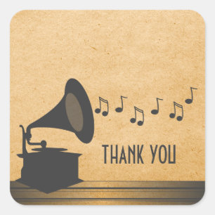 Grey Vintage Gramophone Thank You Stickers