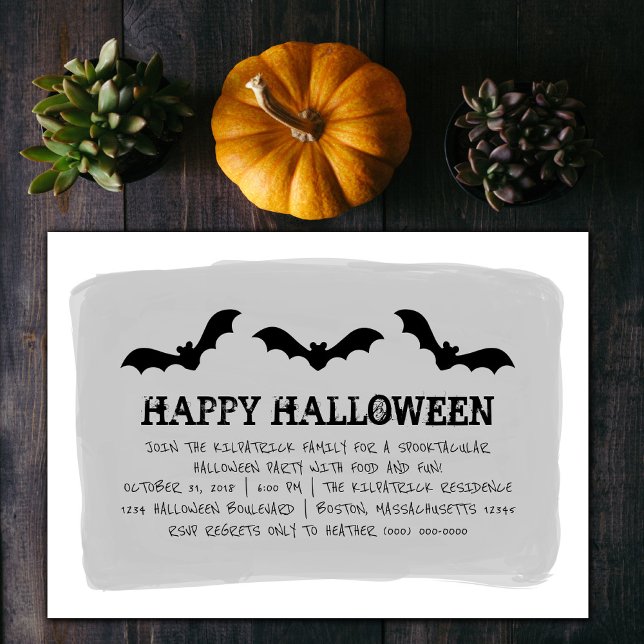 Grey Watercolor Bats Halloween Party Invite (Gray Watercolor Bats Halloween Party Invite)