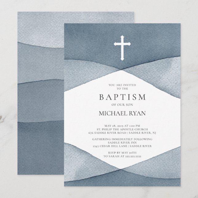 Grey Watercolor Boys Baptism Invitation (Front/Back)