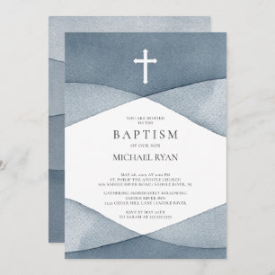 Grey Watercolor Boys Baptism Invitation