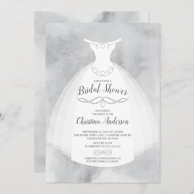 Grey Watercolor Bride Gown Bridal Shower Invitation (Front/Back)