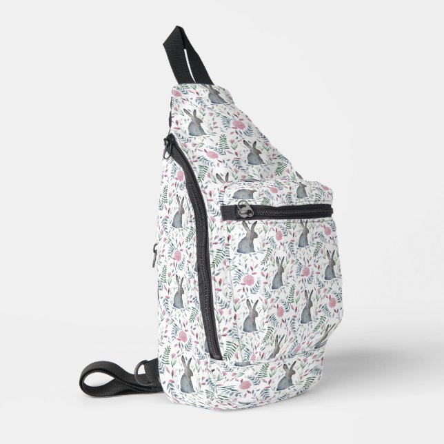 Grey Watercolor Bunny Pattern Sling Bag (Left Corner)