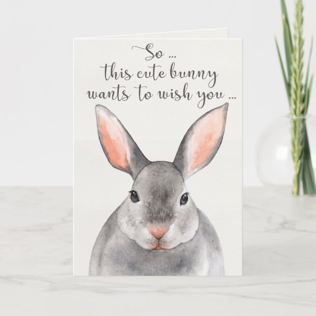Grey Watercolor Bunny Rabbit Happy Birthday Card (Front)