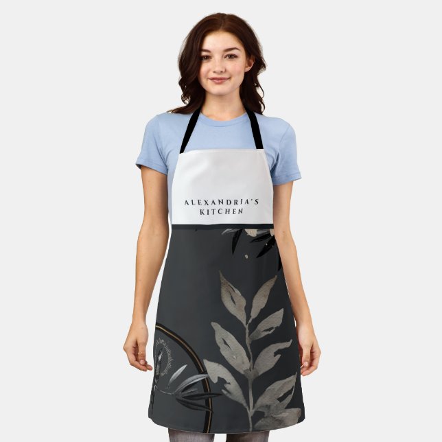 Grey Watercolor Custom Name Black & White Bib Apron (Worn)